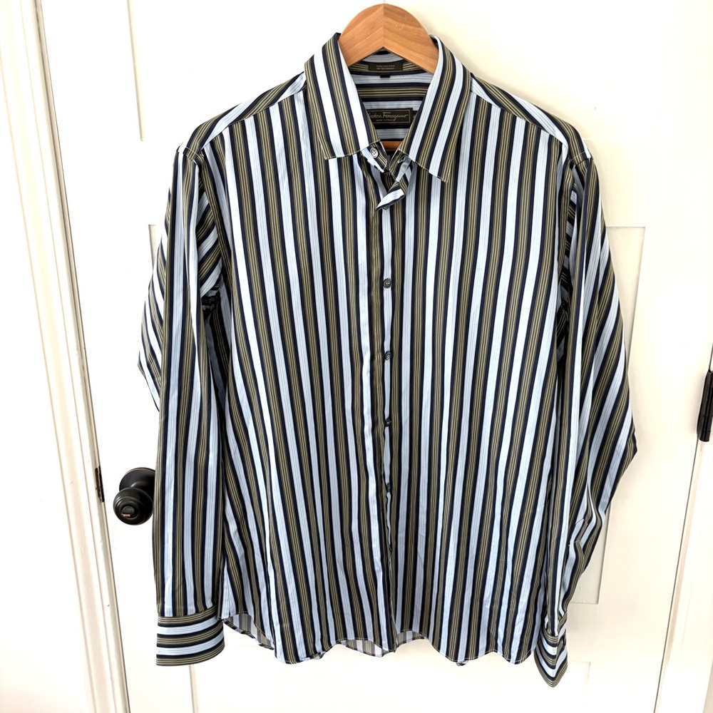 Salvatore Ferragamo Cotton Italian Striped Dress Shirt. Size Large.